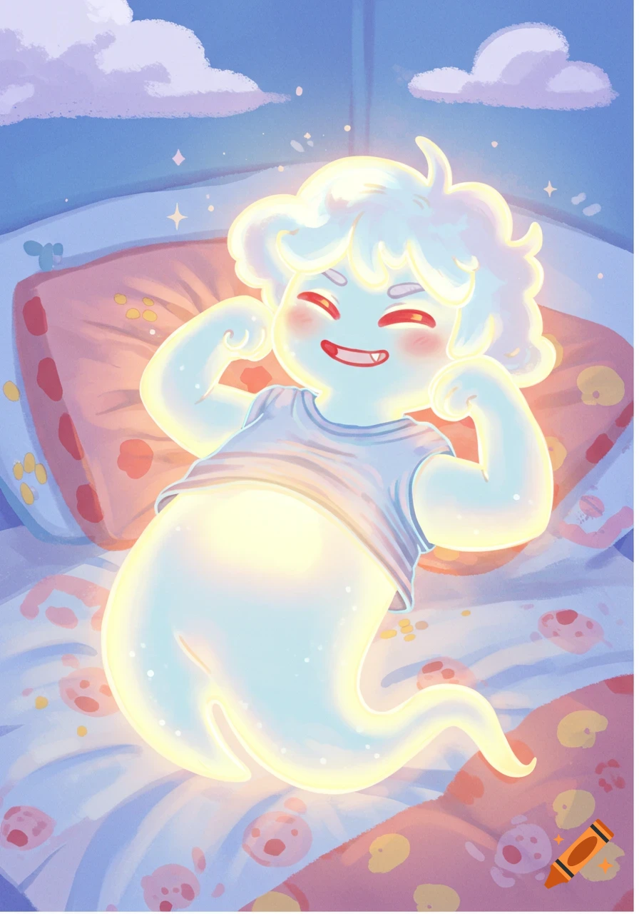 Cute cartoon ghost character lies on a bed with a shirt pulled up, flexing. Dreamy, soft-lit style.