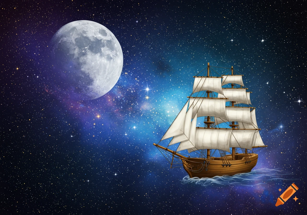 A sailing ship floats in space near a large moon with stars and nebulae.