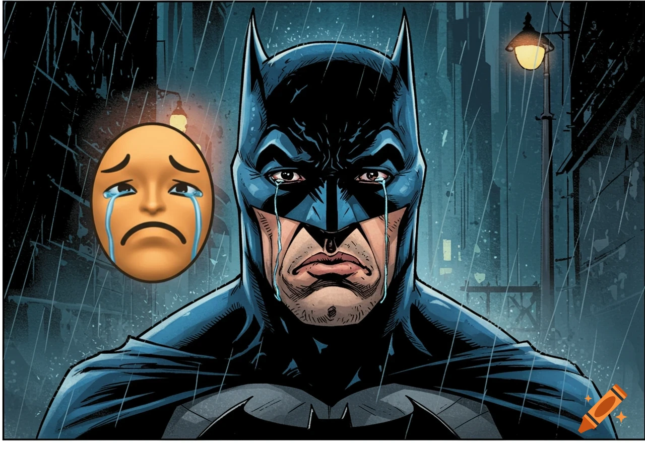 Comic art of Batman crying in the rain next to a large crying emoji. on ...