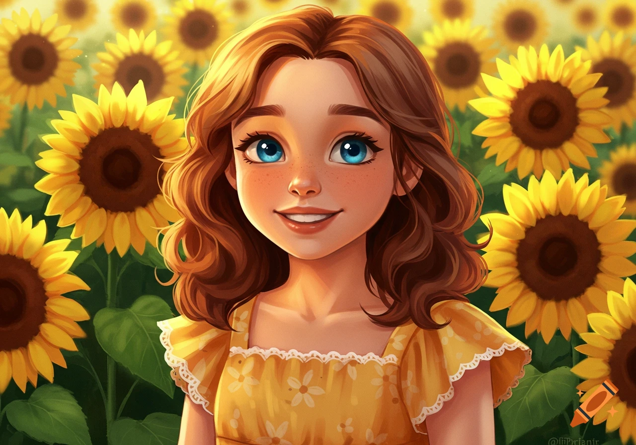 Cartoon portrait of a smiling girl with freckles in a field of sunflowers.