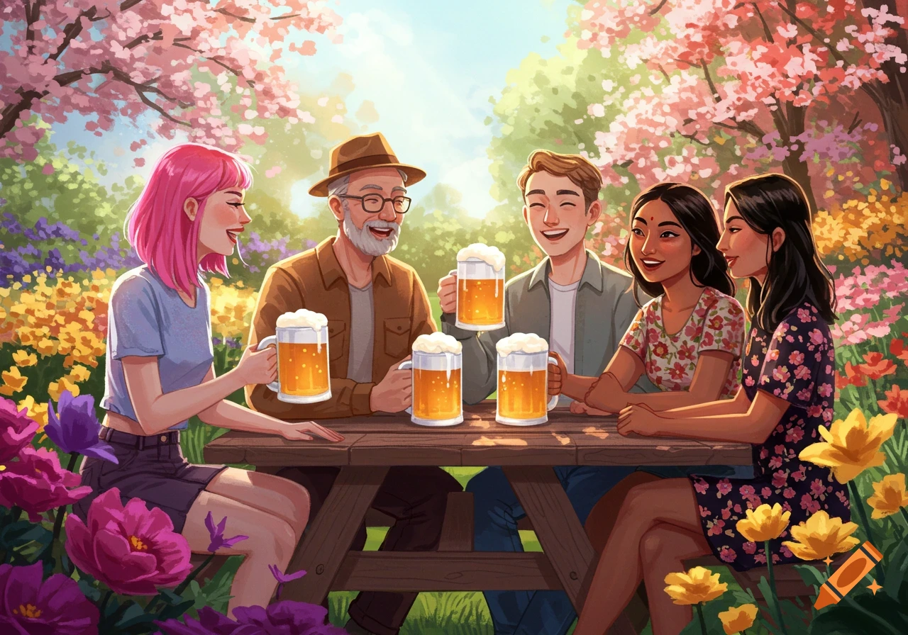 Friends toast with beer mugs at a picnic table in a colorful spring garden illustration.
