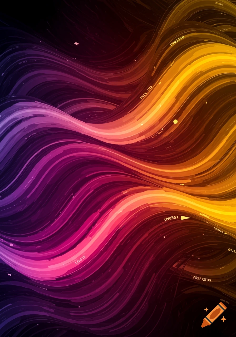 Abstract background with swirling purple, pink, orange, and yellow lines and embedded data-like characters.