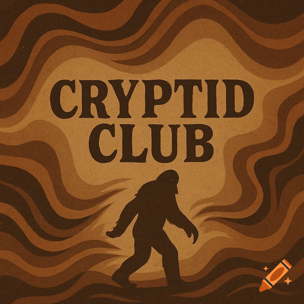 Retro illustration with wavy brown background, 'CRYPTID CLUB' text, and a Bigfoot silhouette.