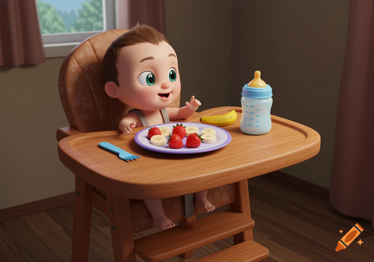 A cartoon baby sits in a high chair with a plate of strawberries and banana slices, a fork, and a baby bottle.