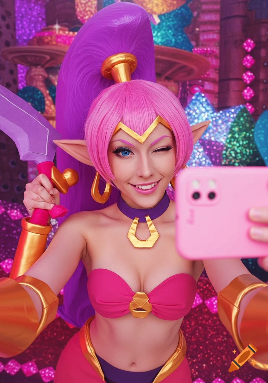 Woman in Shantae cosplay takes a selfie