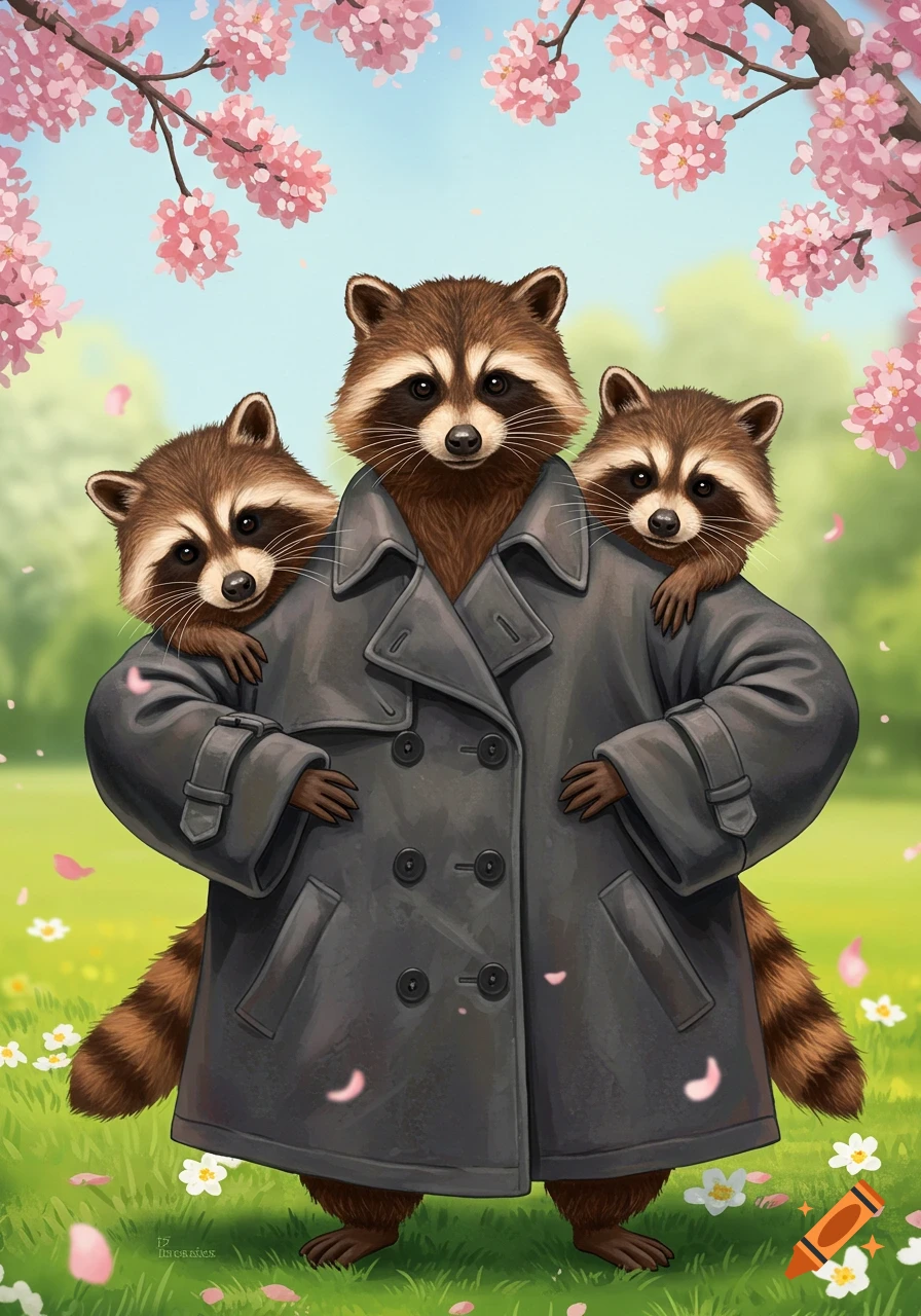 Three raccoons sharing a trench coat stand in a field under cherry blossoms. Illustration.