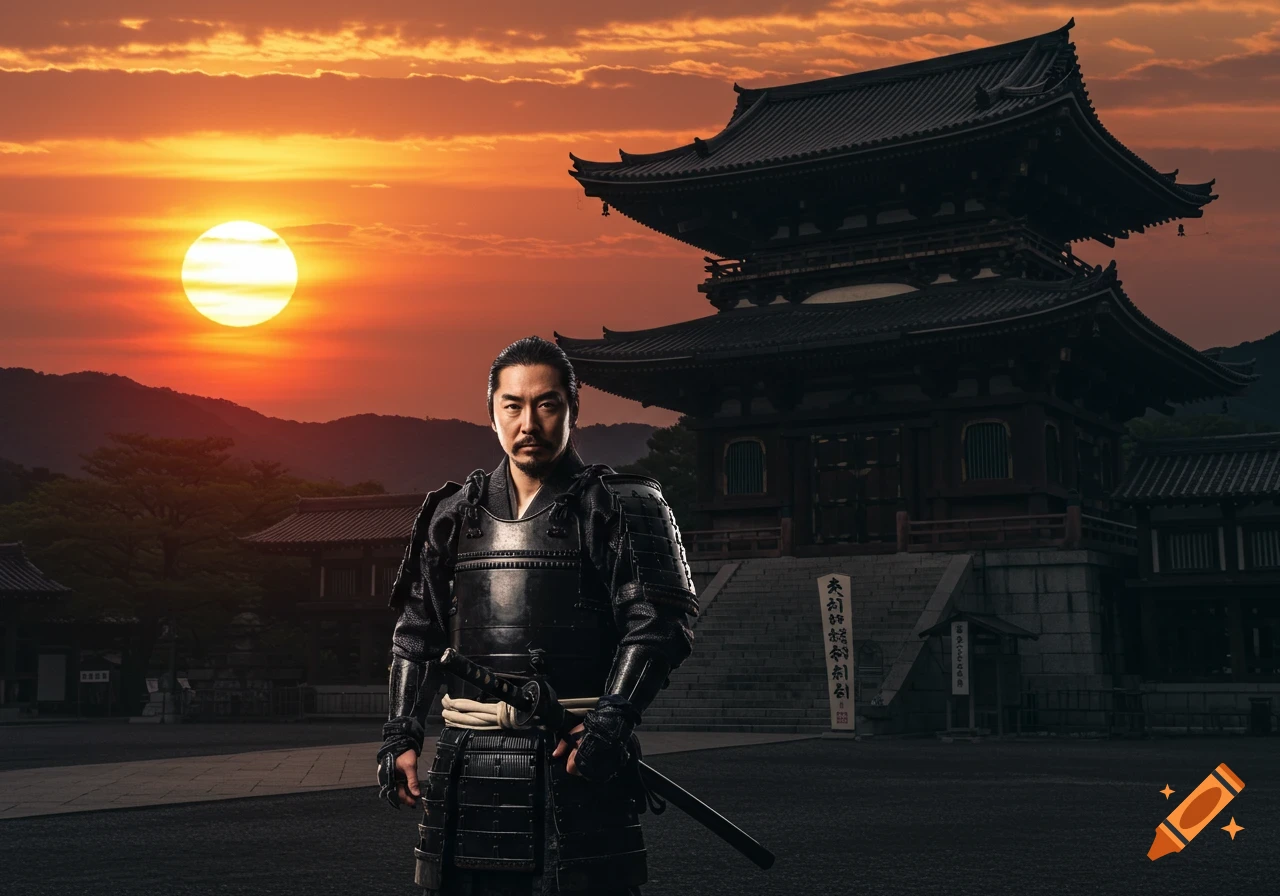A samurai stands in front of a Japanese temple at sunset.