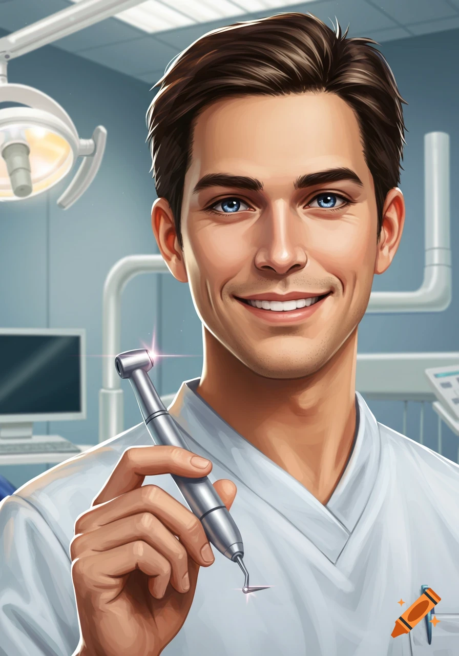 Smiling male dentist holding a drill in a dental office.