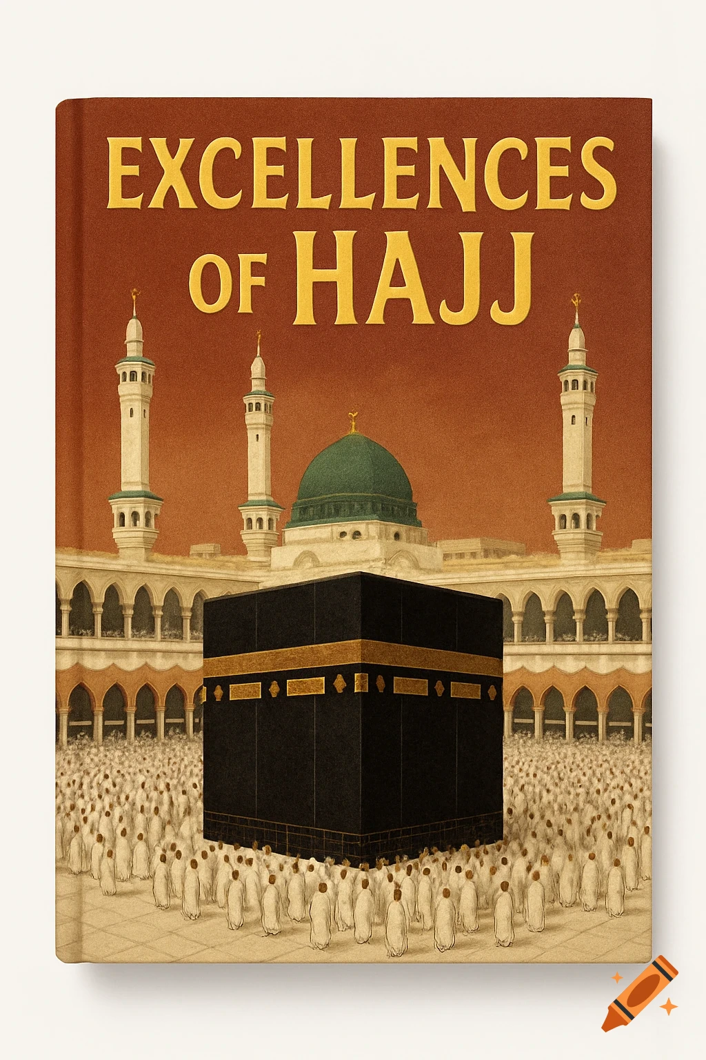 Book cover titled Excellences of Hajj showing the Kaaba and Masjid al-Haram with pilgrims.
