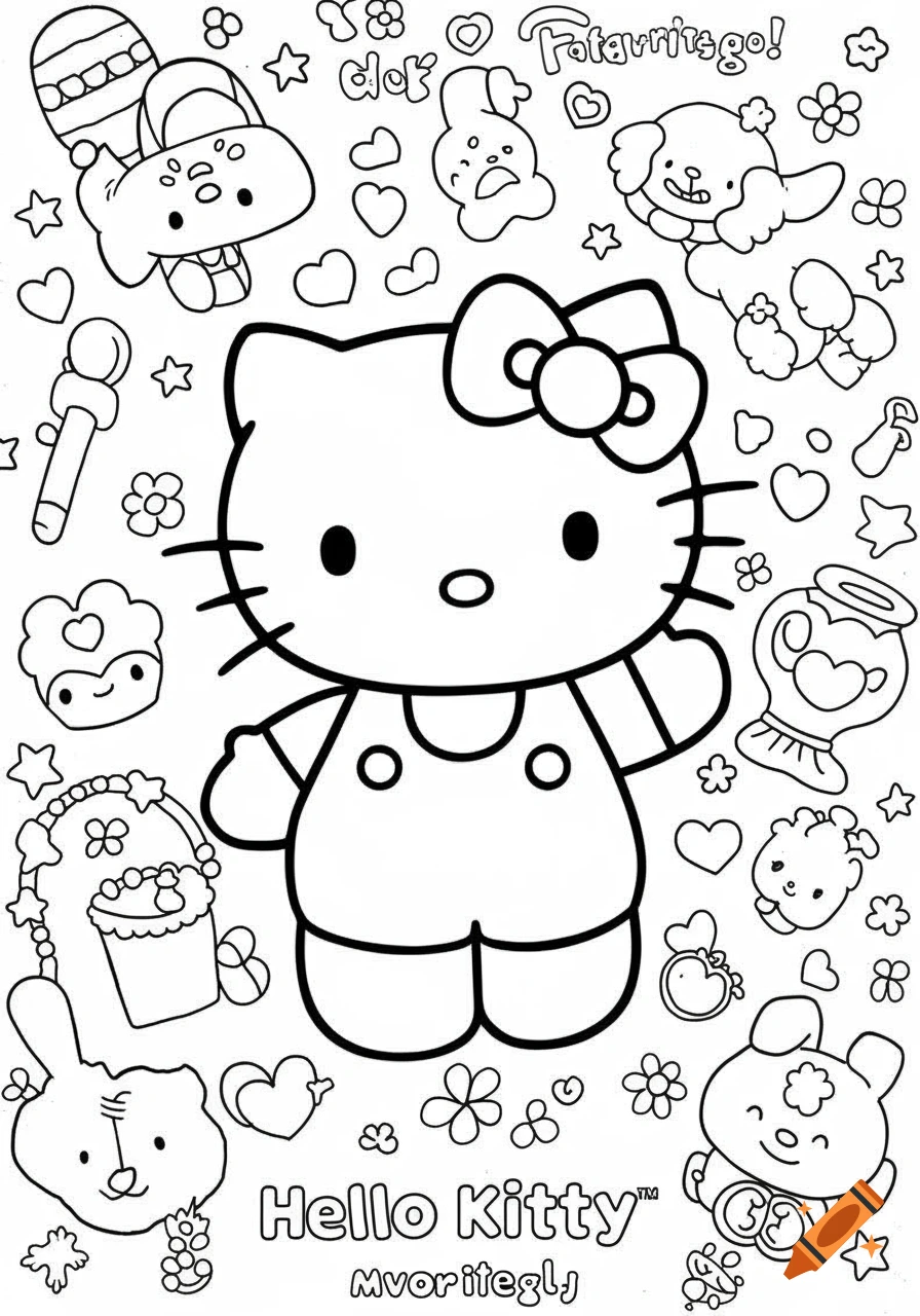 Black and white line art coloring page featuring Hello Kitty surrounded by small cartoon characters and shapes.