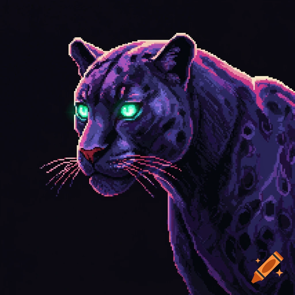 Pixel art black panther with glowing green eyes.