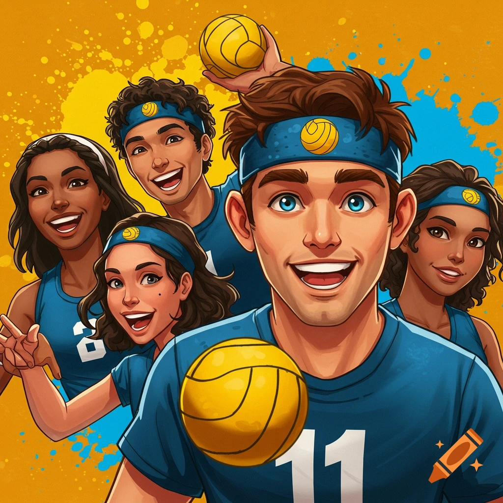 Illustration of diverse young adults playing sports, smiling with balls and wearing blue uniforms.