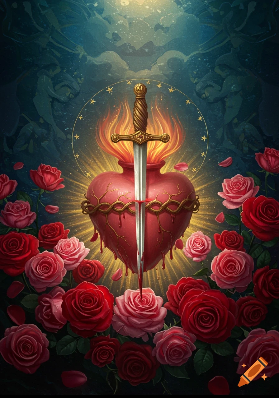 Stylized religious depiction of a bleeding heart pierced by a sword, surrounded by roses, with rays of light