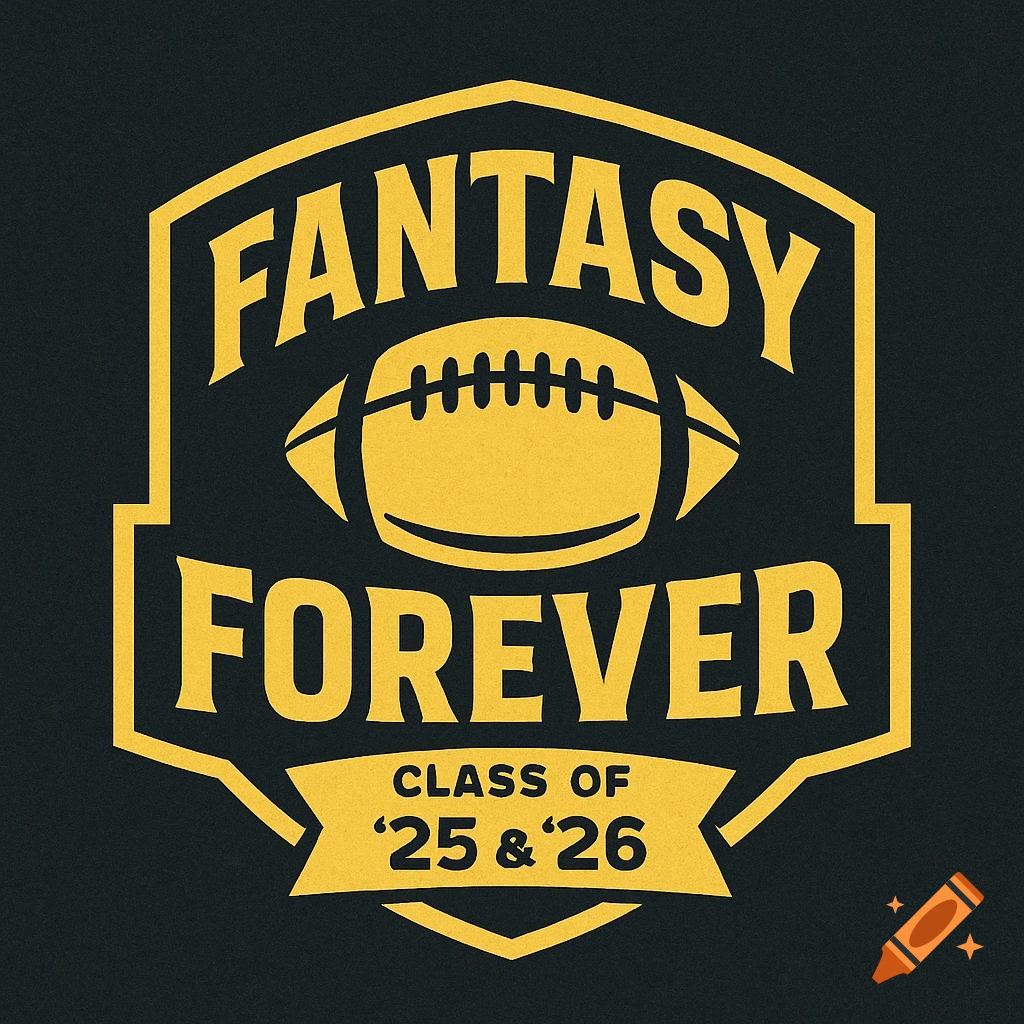 Yellow and black fantasy football logo with text and football graphic.