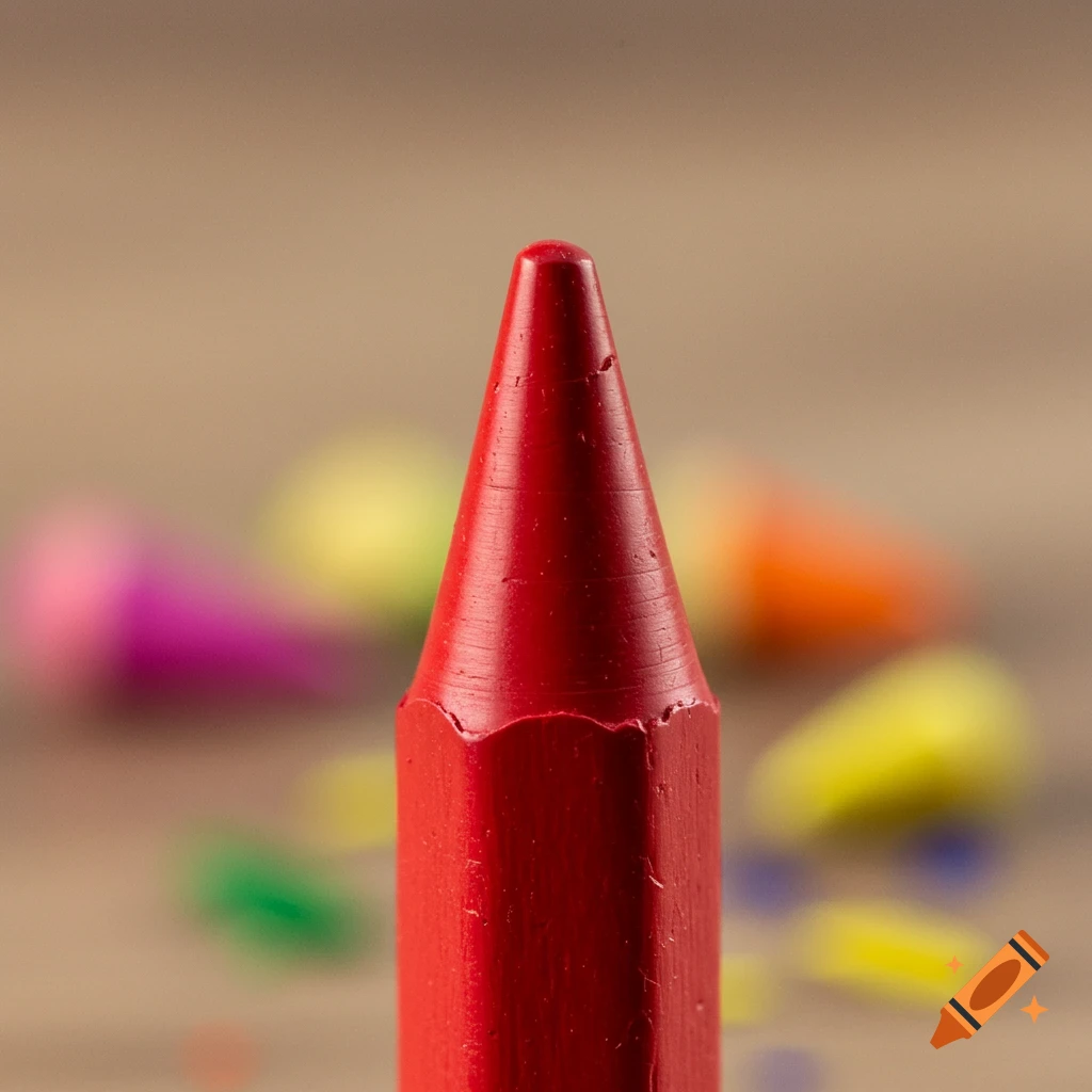 Close-up photo of a red crayon with blurred crayons in the background.