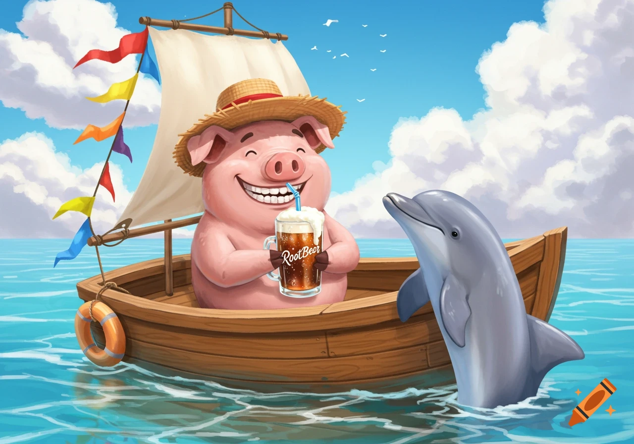 Cartoon pig in a boat drinking root beer with a dolphin nearby.
