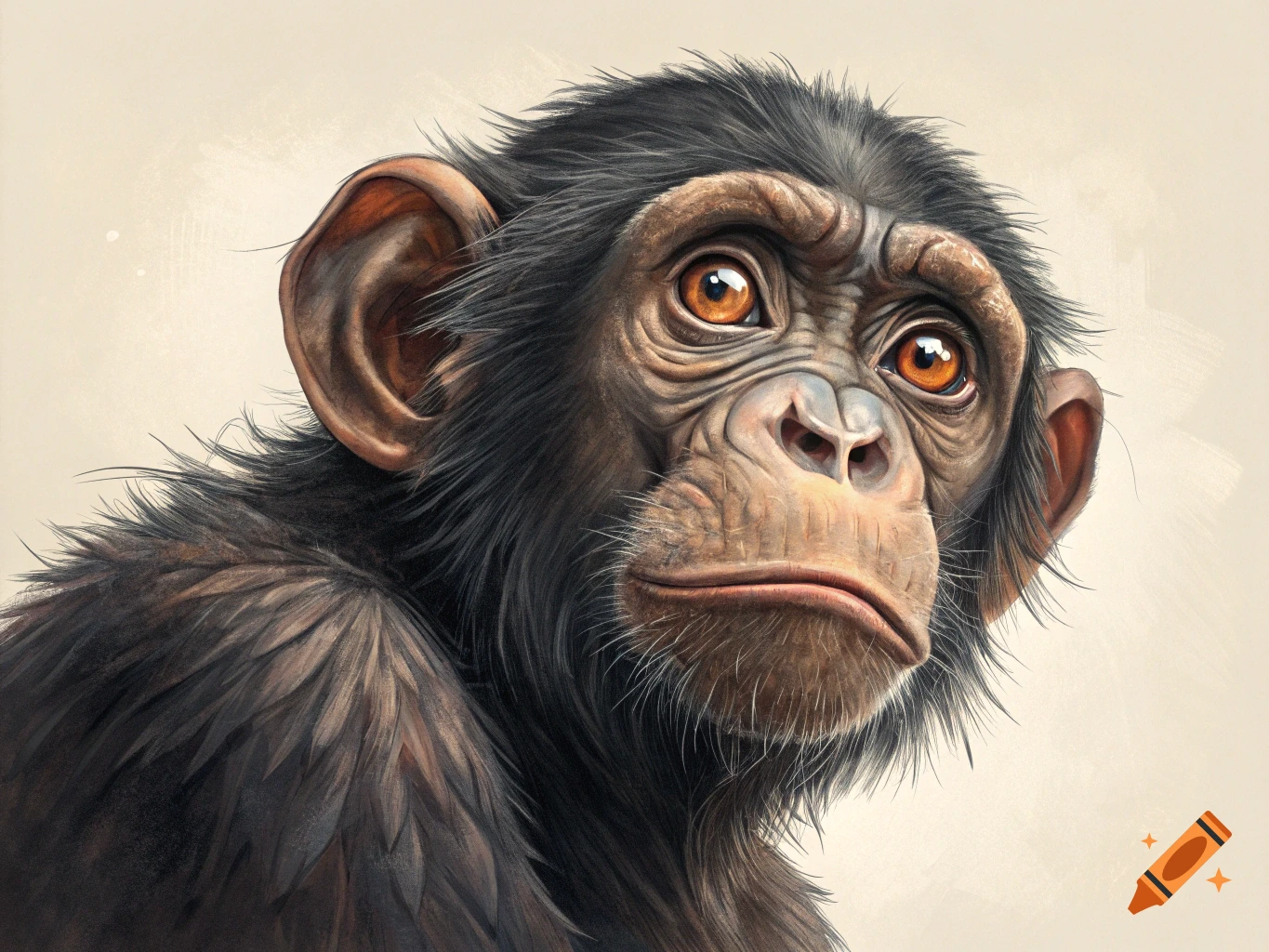 Detailed illustration style close-up portrait of a young chimpanzee looking upwards.