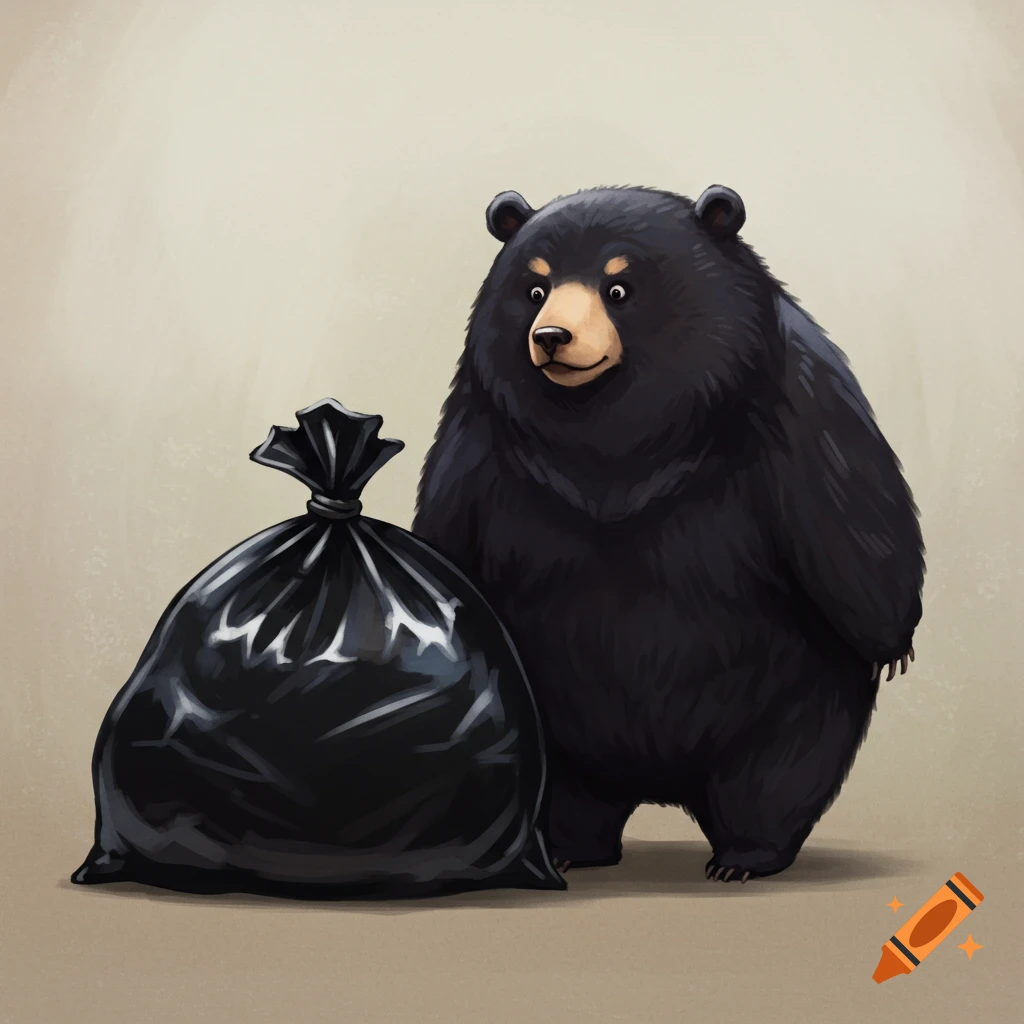 A cartoon black bear stands next to a large black trash bag in an illustration.