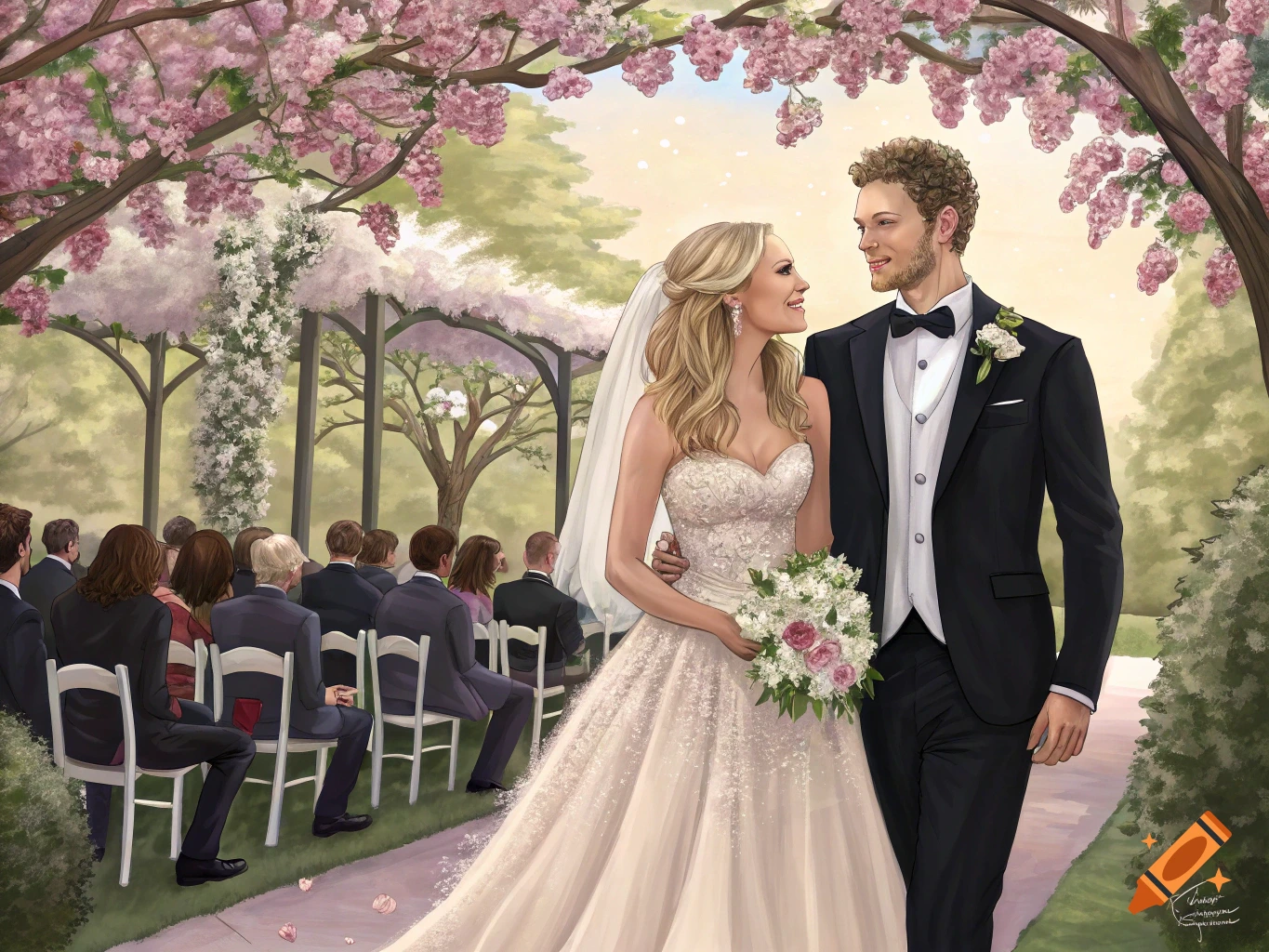 Bride and groom at an outdoor wedding ceremony under cherry blossoms.
