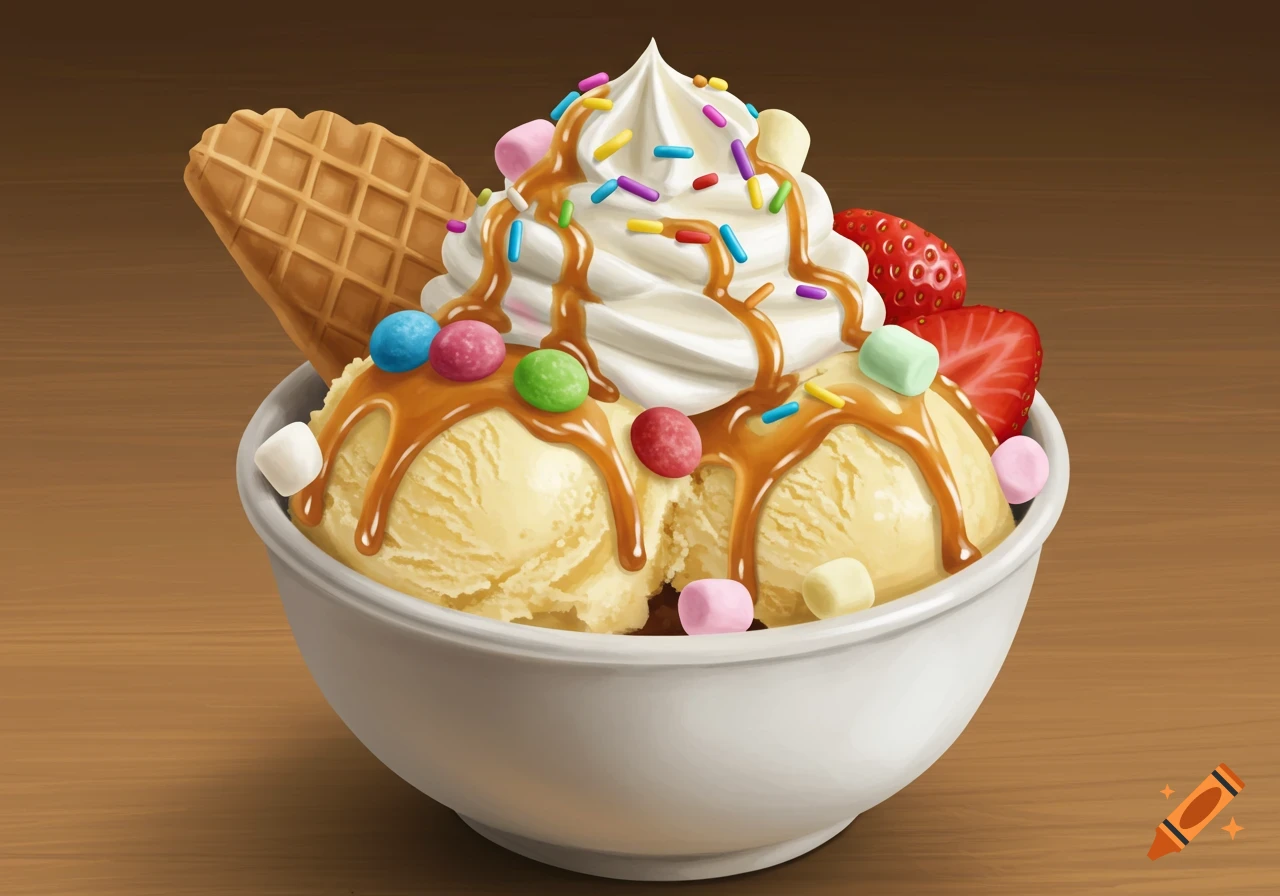 Bowl of vanilla ice cream topped with caramel syrup, whipped cream, sprinkles, candies, marshmallows, and strawberries
