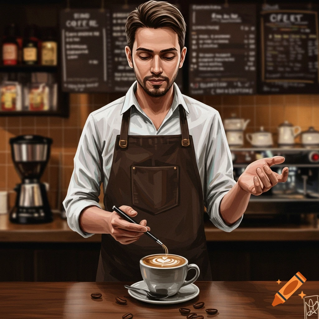 Barista making latte art in a coffee shop.