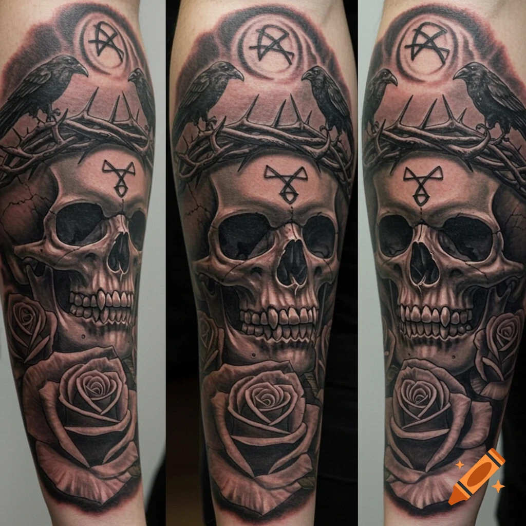 Realistic black and grey tattoo of a skull with crown of thorns, crows, and roses on an arm.