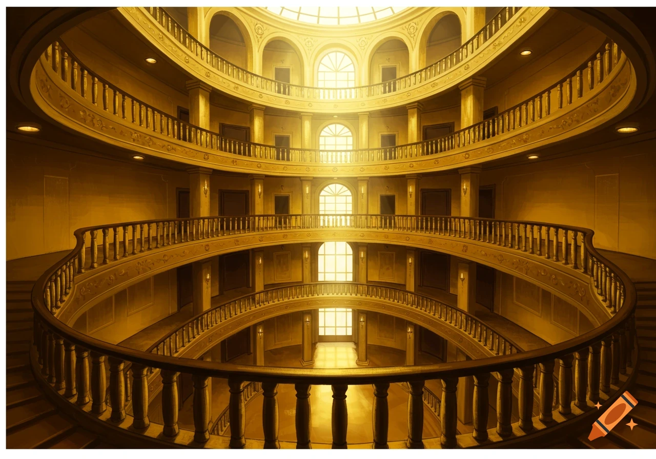 Golden interior of a grand multi-level circular building with curved balconies and stairs