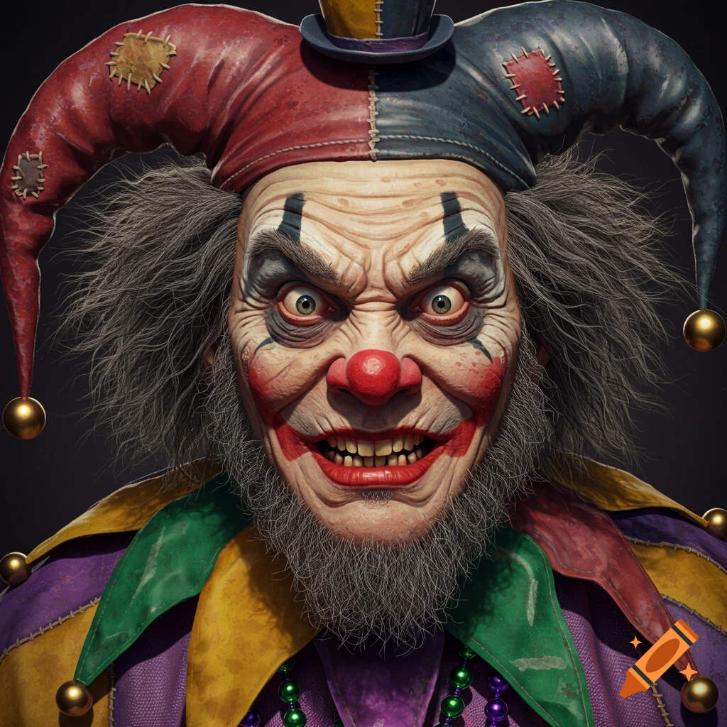 Close-up portrait of a creepy, grizzled clown in a jester hat and colorful Mardi Gras costume.
