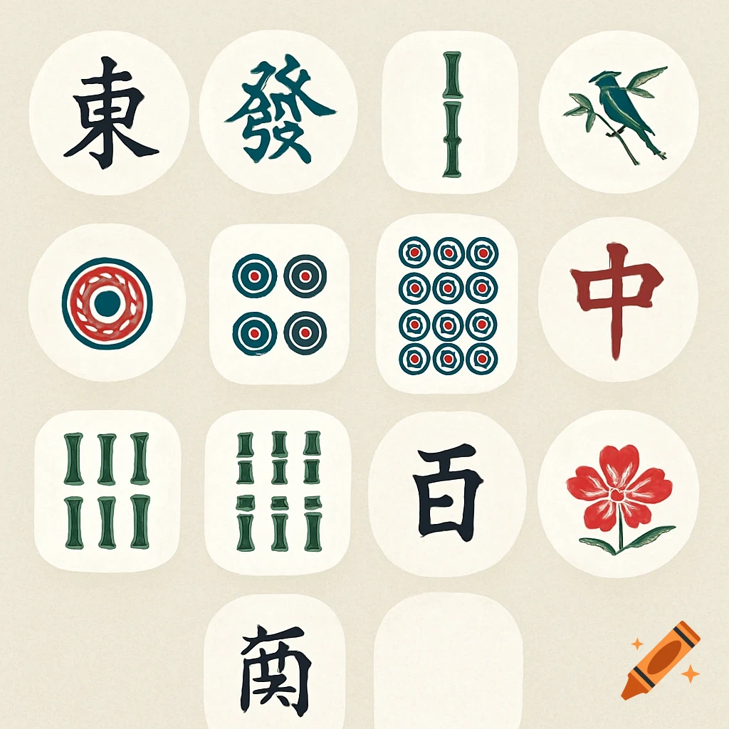 Mahjong tiles featuring various symbols, characters, and illustrations arranged on a cream background.