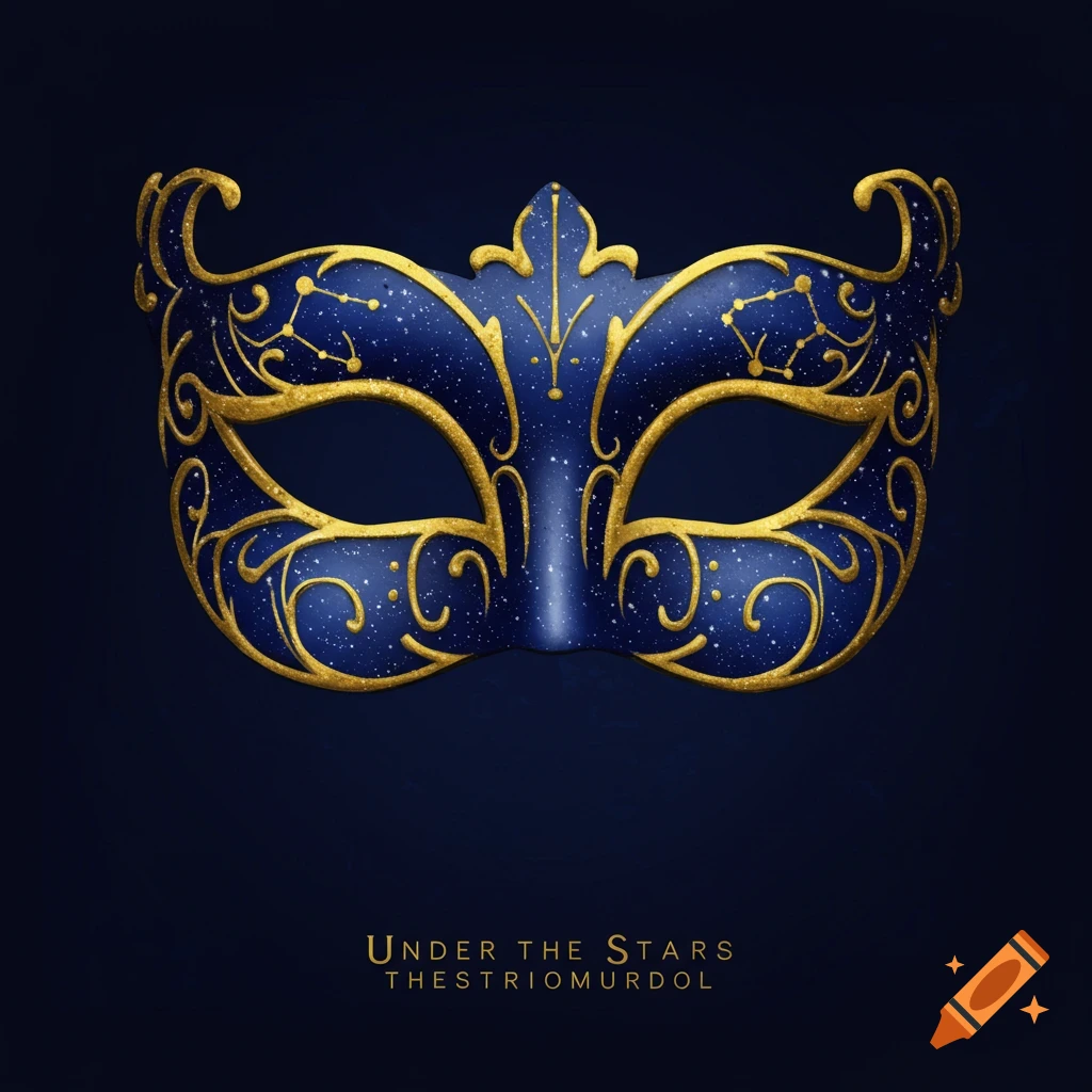 A dark blue masquerade mask with gold filigree and star patterns.