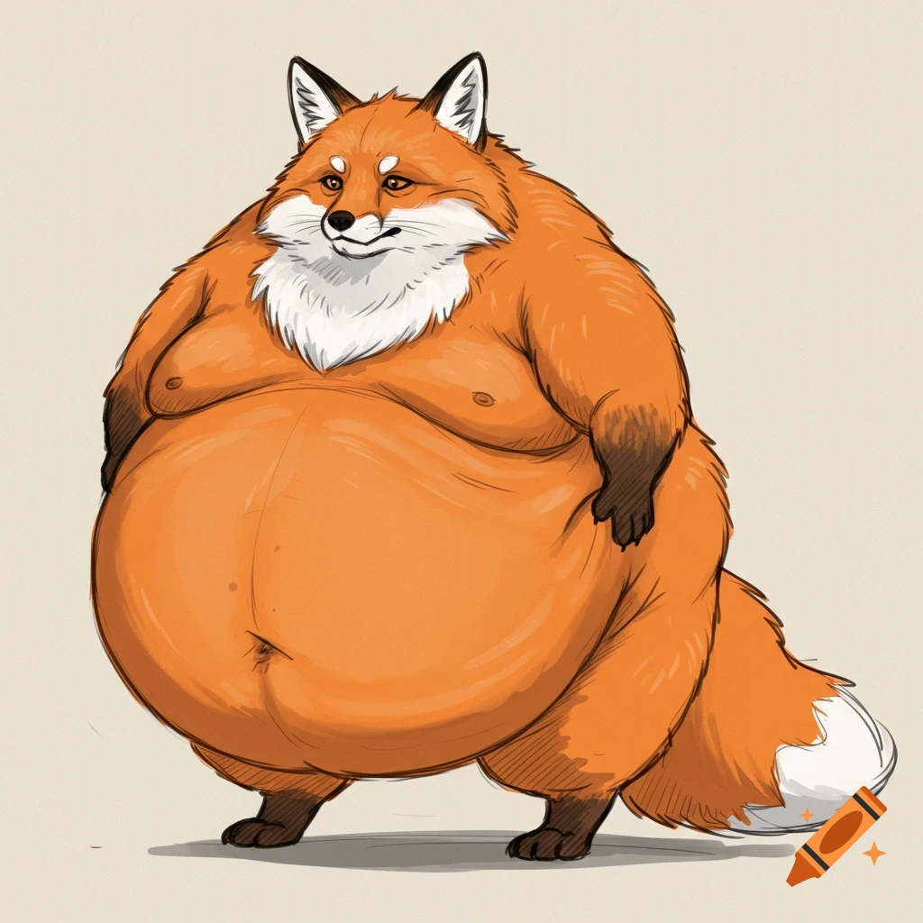 Sketch drawing of a very fat fox with a huge belly.