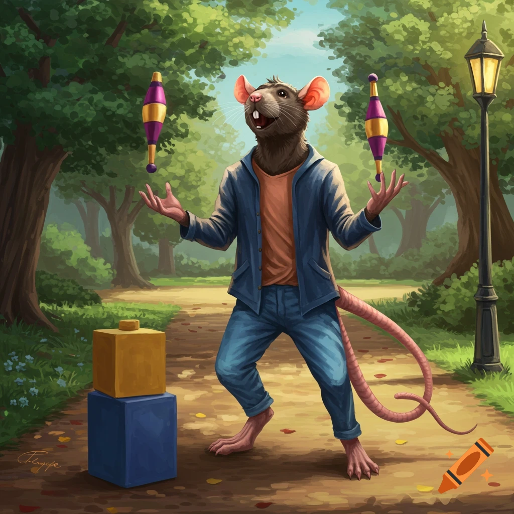 An anthropomorphic rat in a jacket and jeans juggles pins in a park.