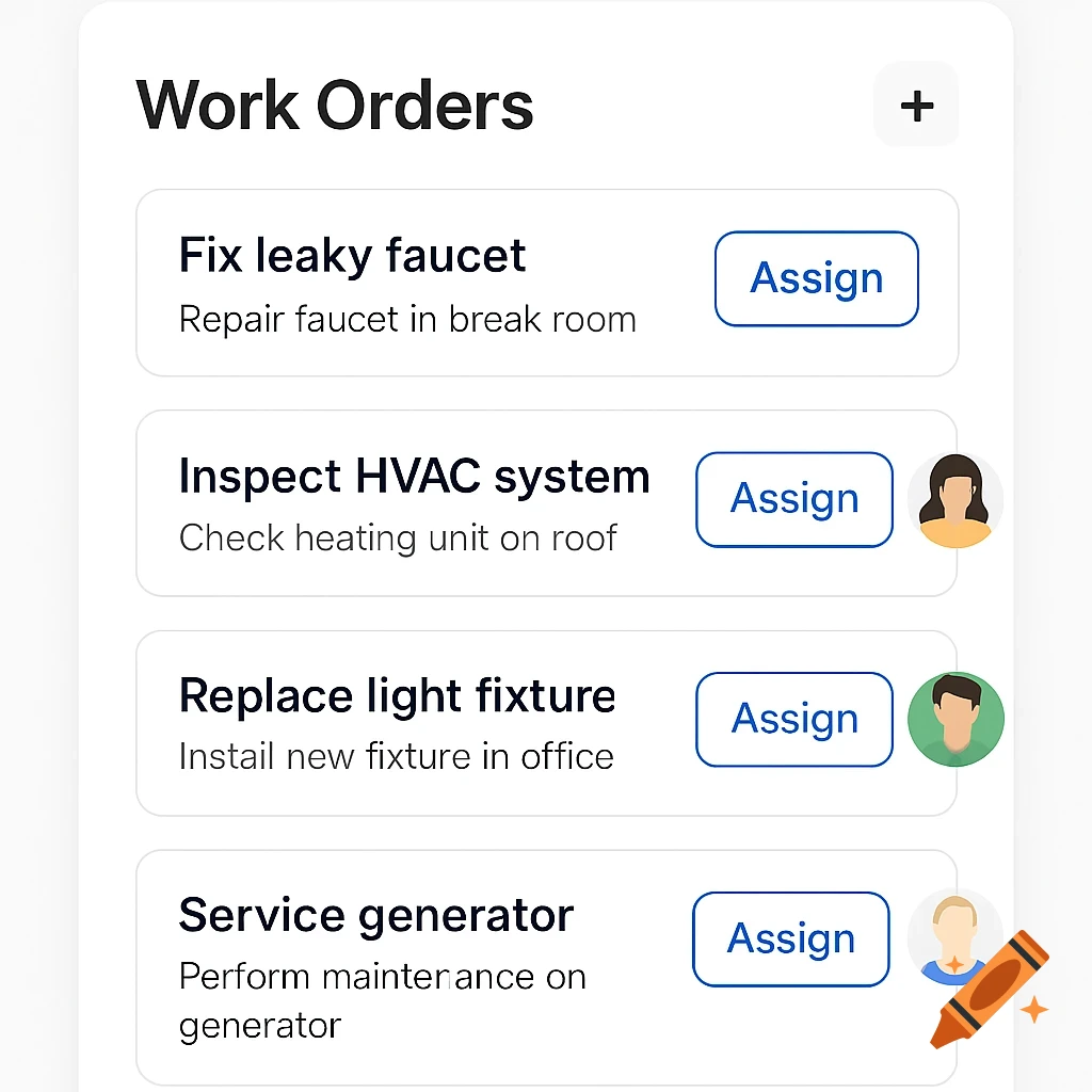 Mobile app screen showing a list of work orders with assign buttons and user avatars