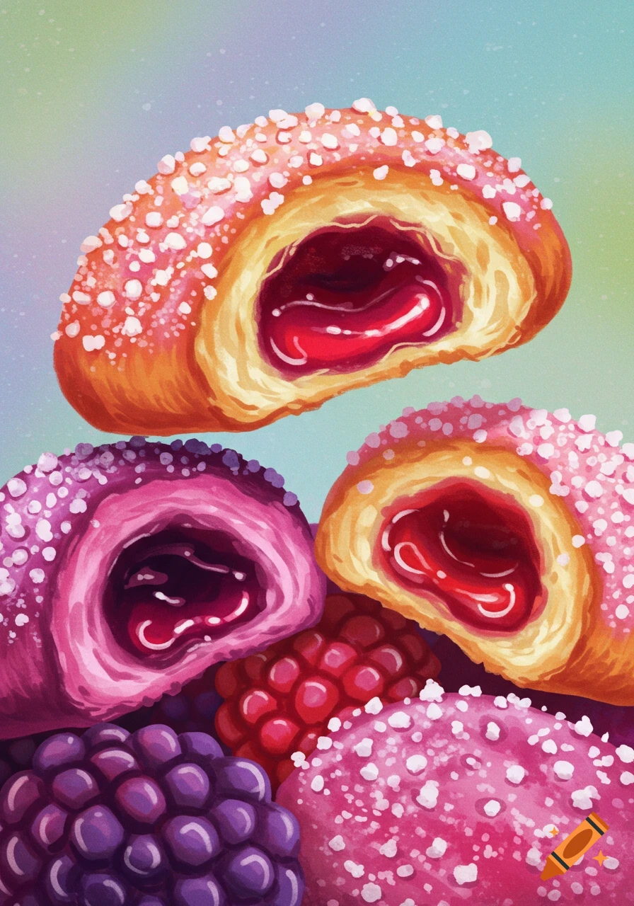 Painterly close-up of berry-filled pastries and berries.