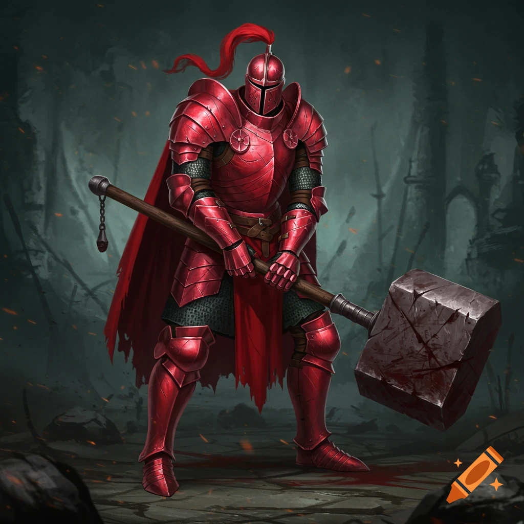 A red-armored knight stands holding a large hammer in a ruined environment.