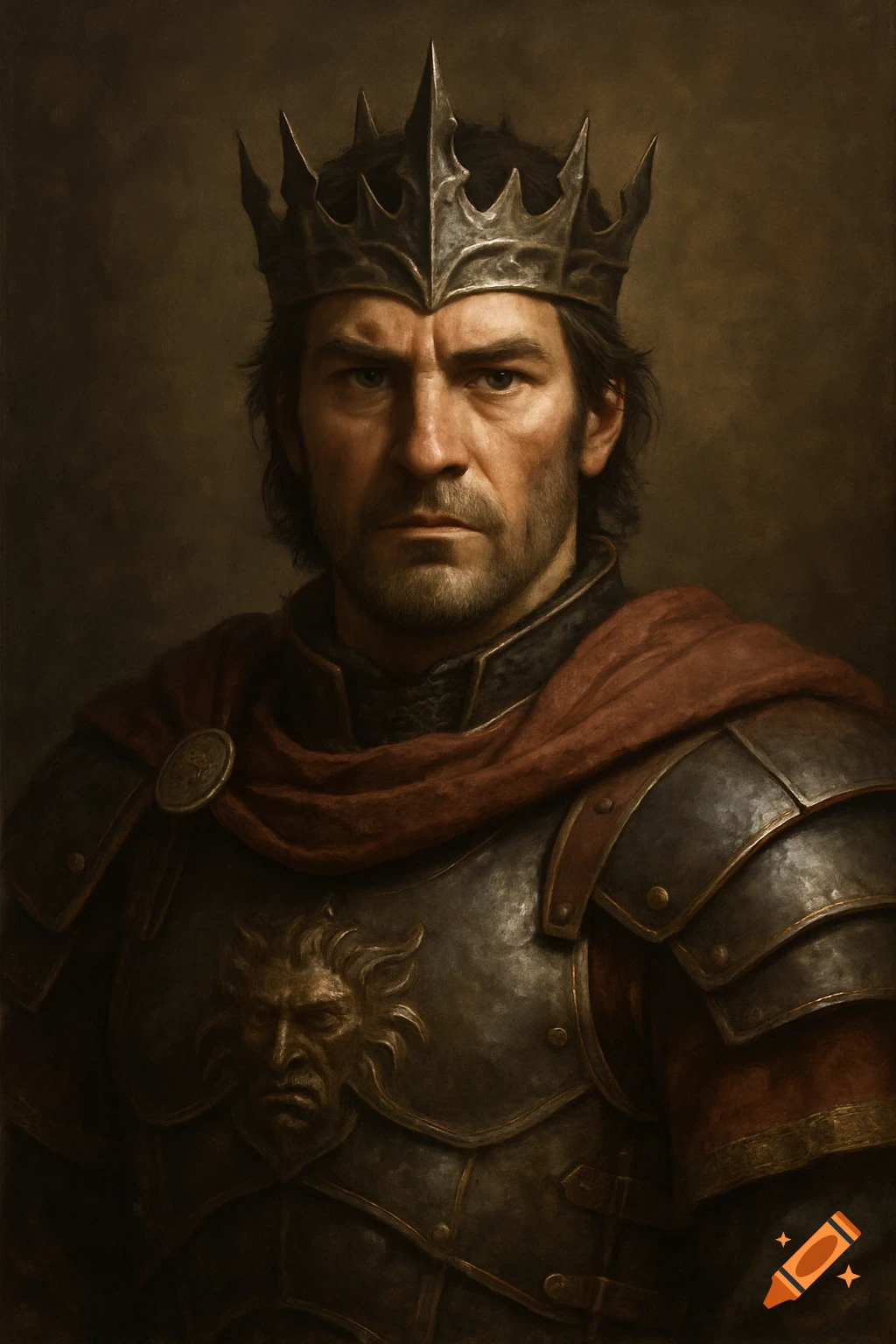 A stern man wearing a jagged crown, armor, and red scarf in a dark ...