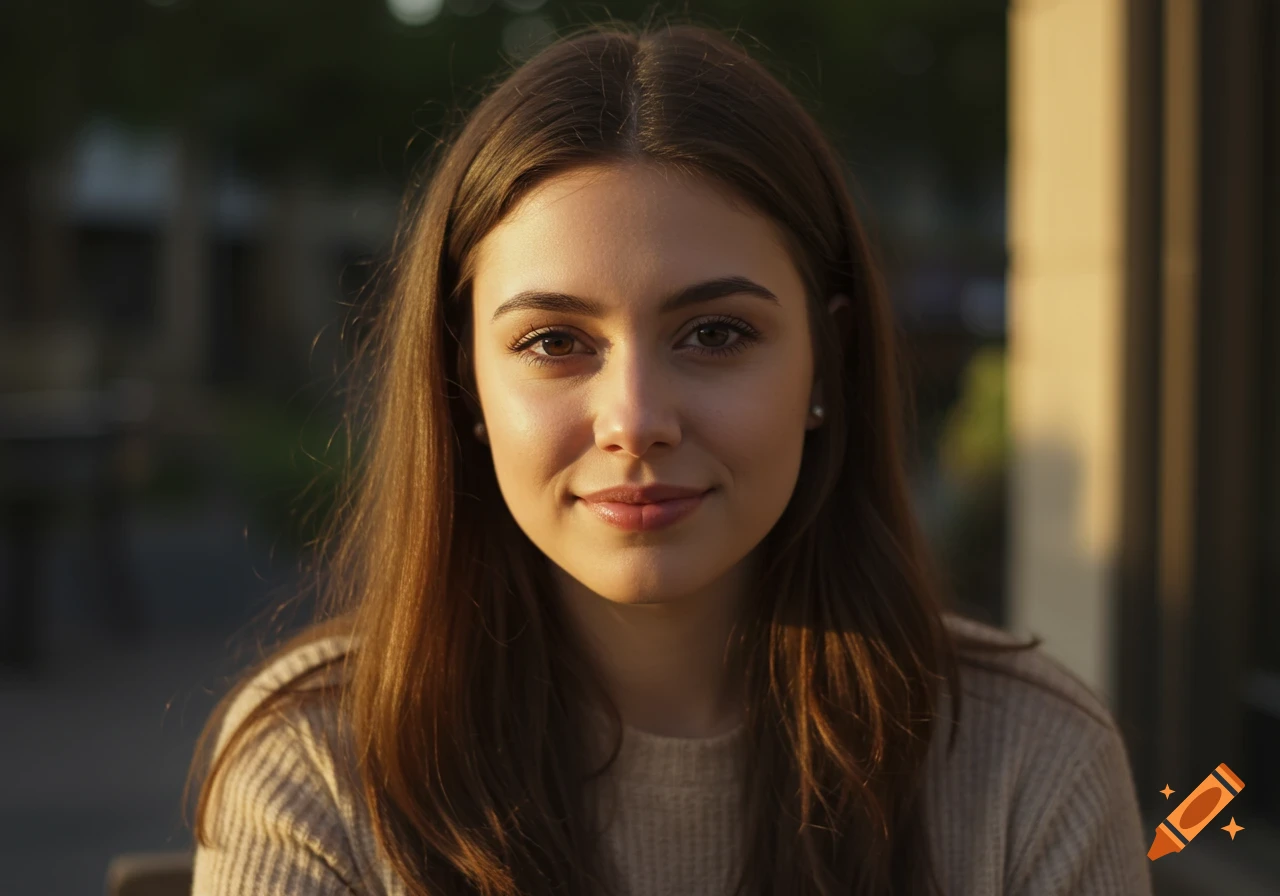 Close-up photorealistic portrait of a young woman smiling in warm light ...