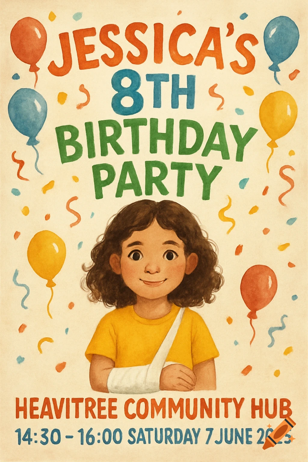 A watercolor illustration of a girl with a cast on her arm on a birthday party invitation poster with balloons and confetti.