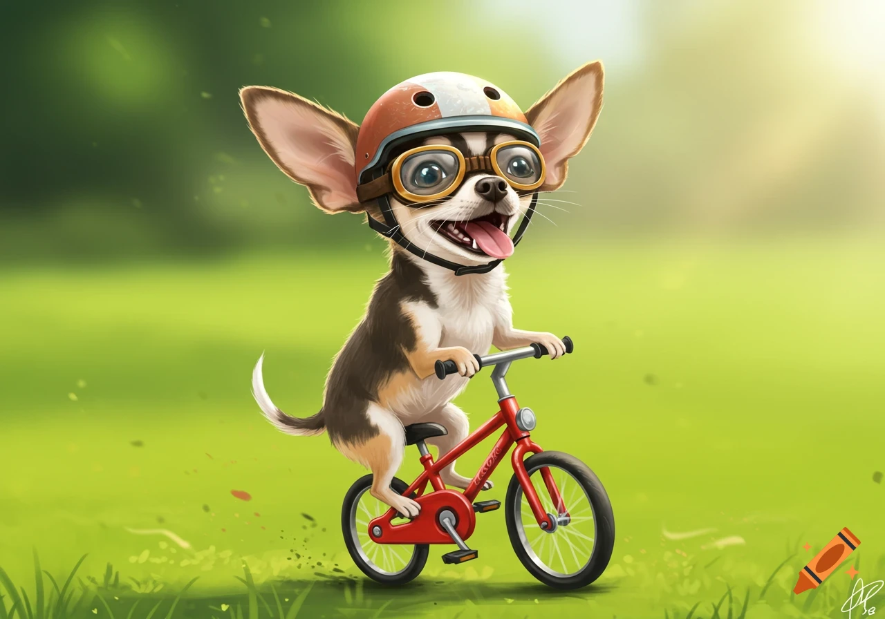 Cartoon chihuahua with helmet and goggles riding a red bicycle on a grassy hill.