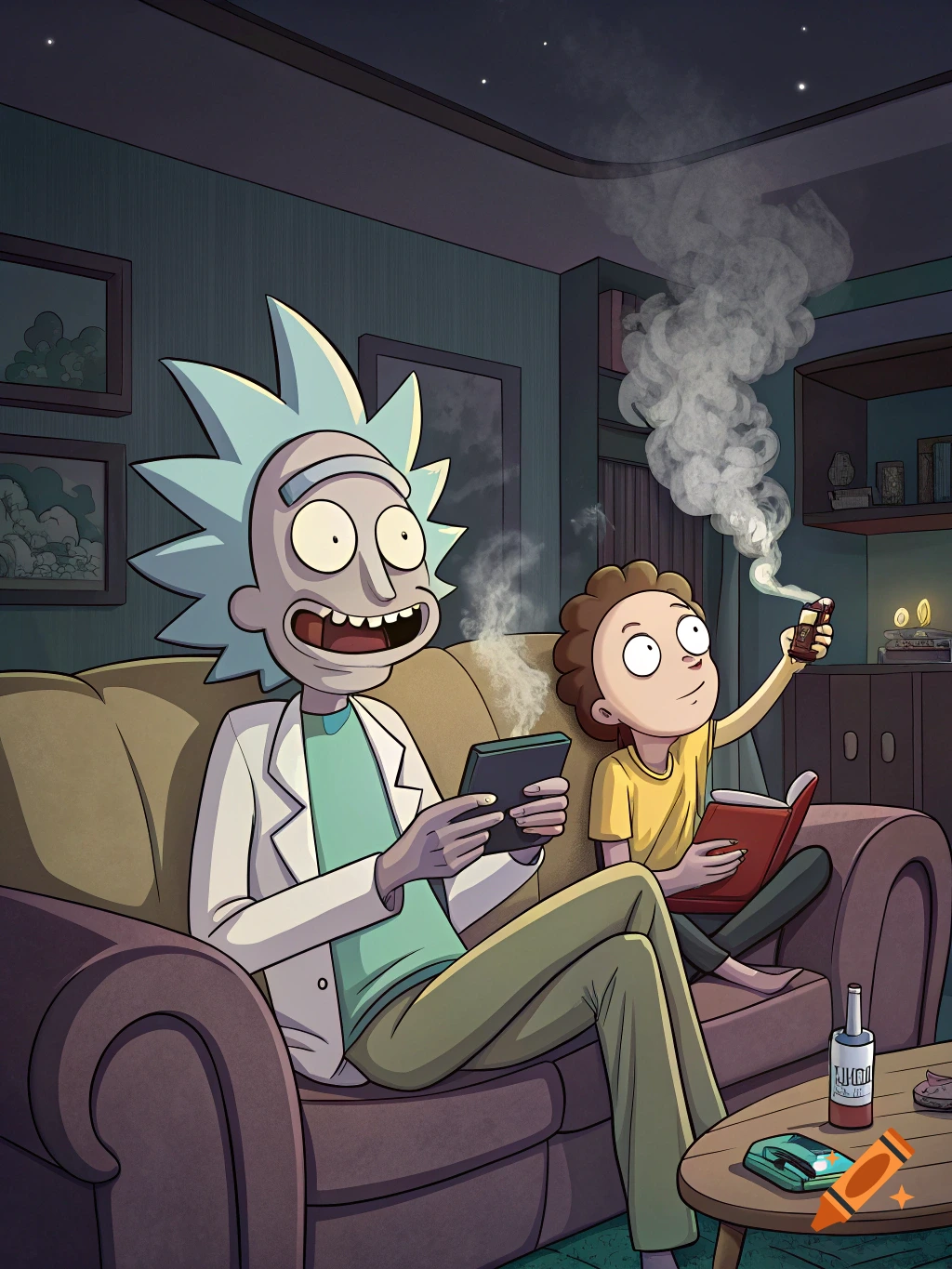 Rick and Morty sit on a couch, Rick with a tablet, Morty with a book and smoking object, cartoon style.