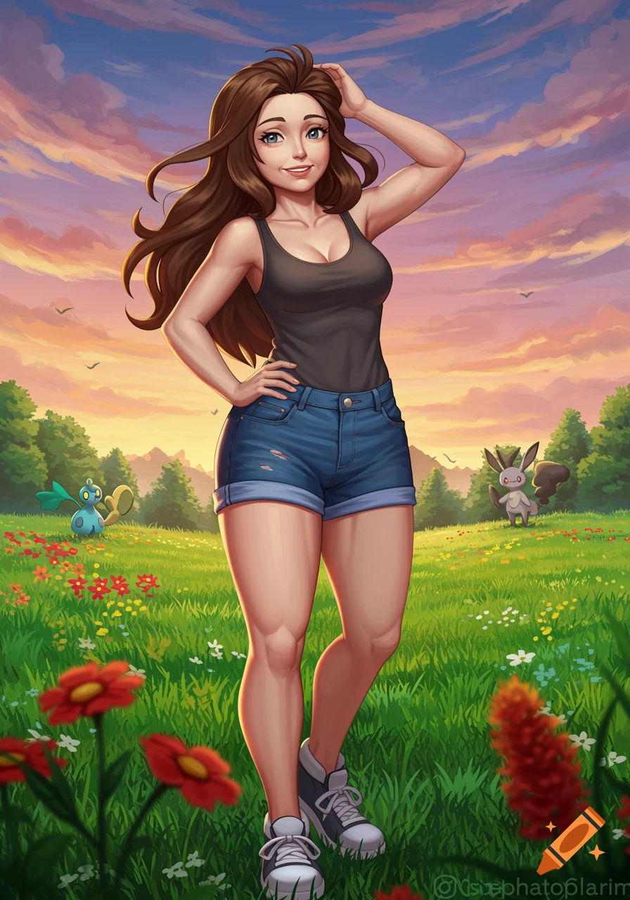 An anime-style illustration of a woman standing in a field with Pokemon at sunset.