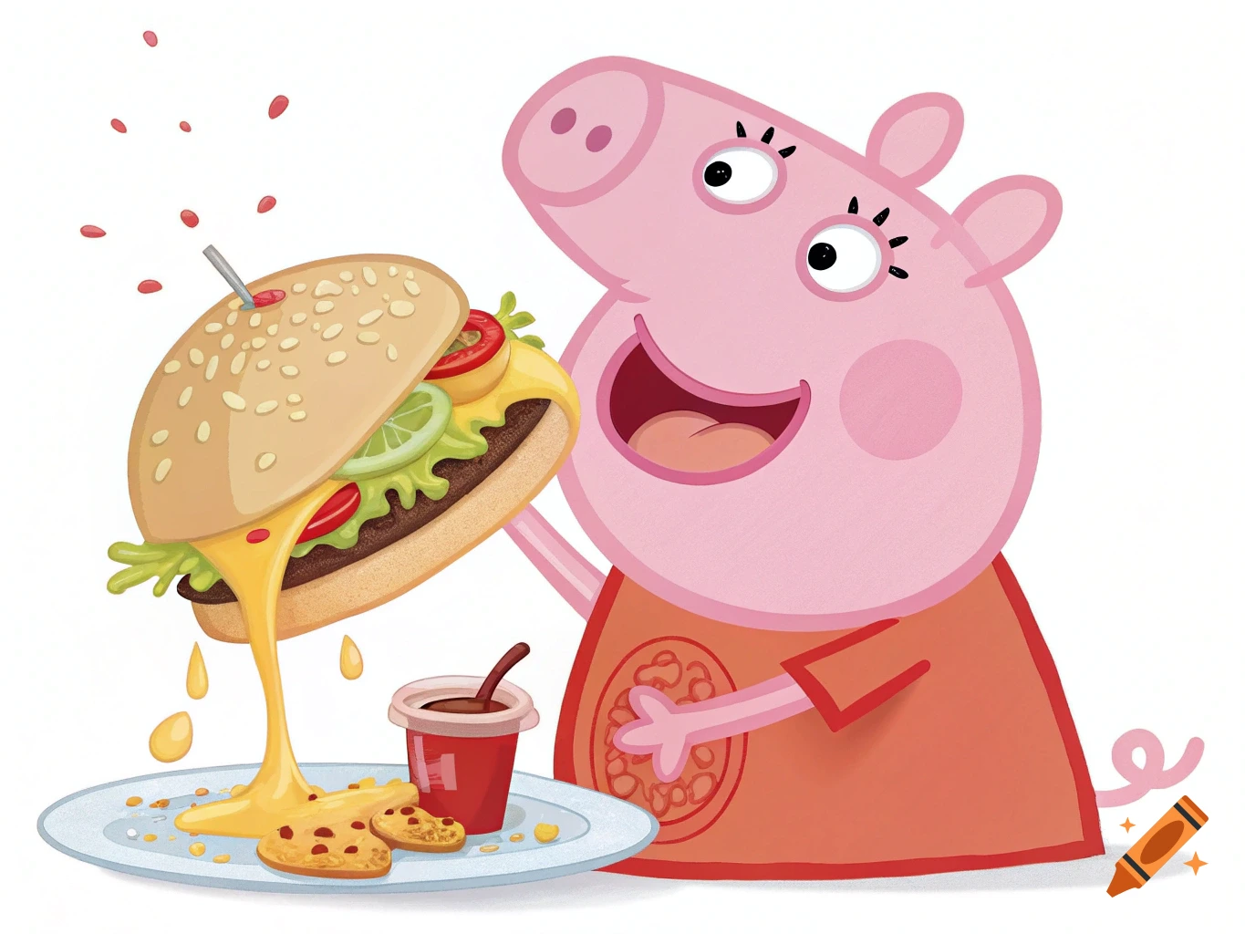 Peppa Pig holding a large cheeseburger with dripping cheese on a plate.