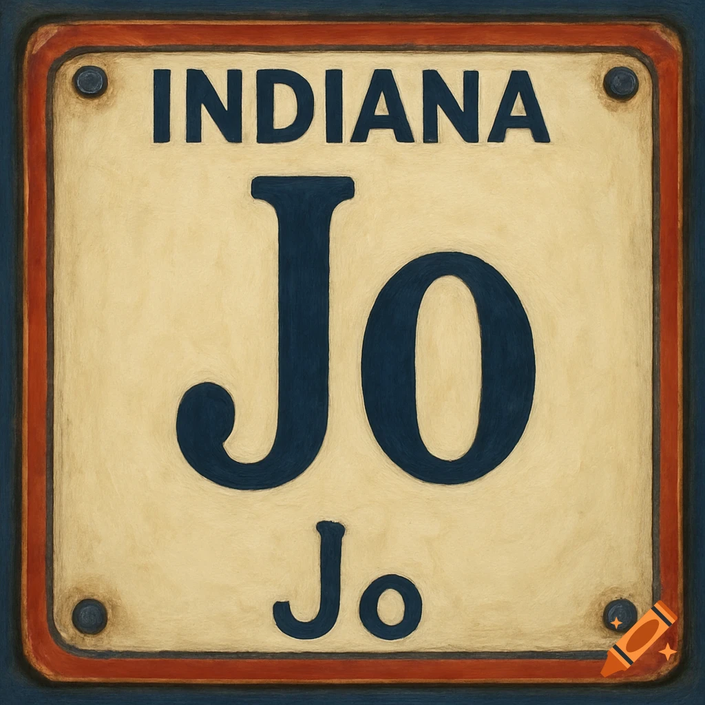 A stylized close-up of a sign. It reads "INDIANA" at the top, a large "JO" in the middle, and a small "Jo" below.