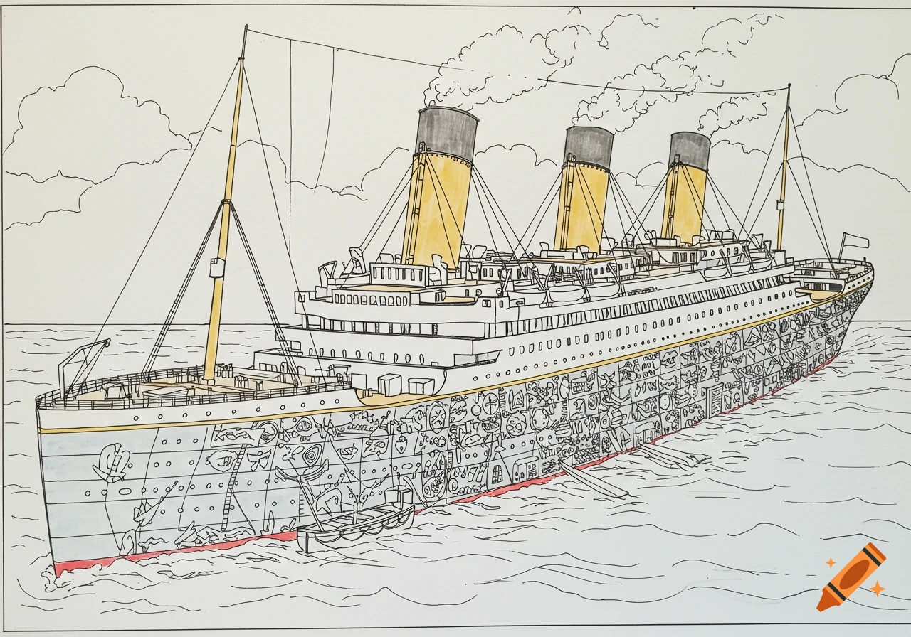 A black and white line drawing of a large ship similar to the Titanic, with some yellow and red coloring, in a coloring page style.