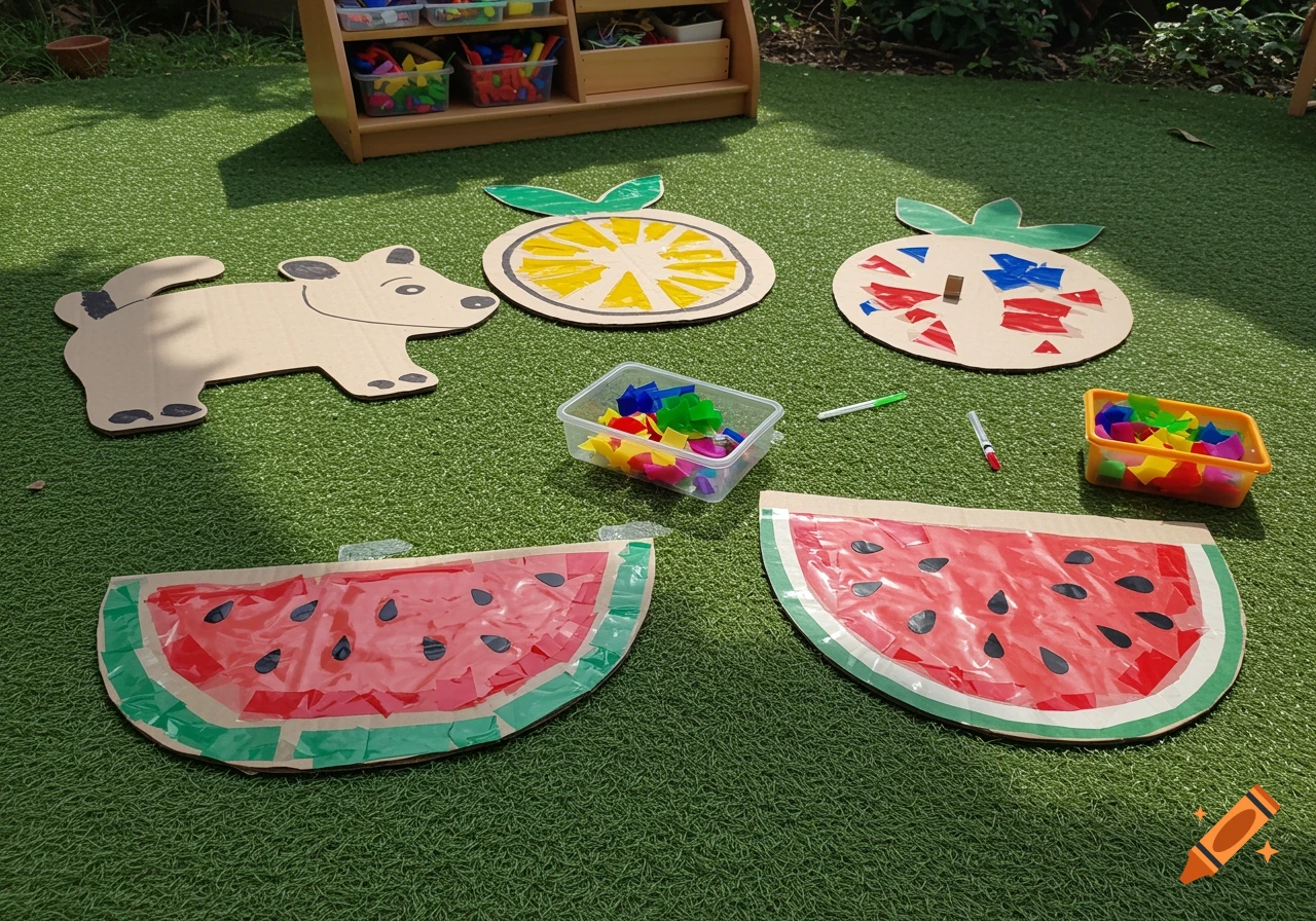 Craft materials including cardboard shapes of fruit and animals decorated with cellophane on green grass with art supplies.