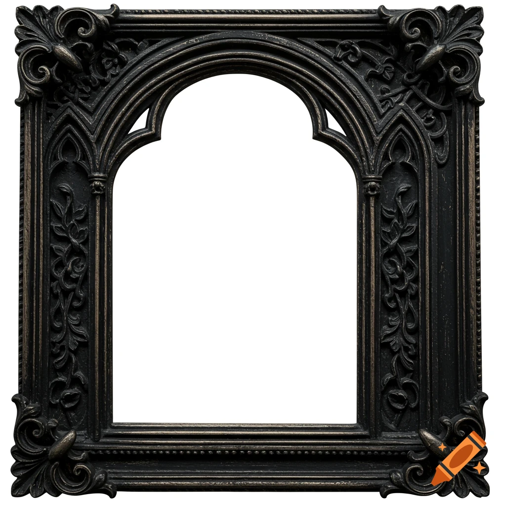 An ornate dark gothic photo frame with an arched opening sits on a white background.