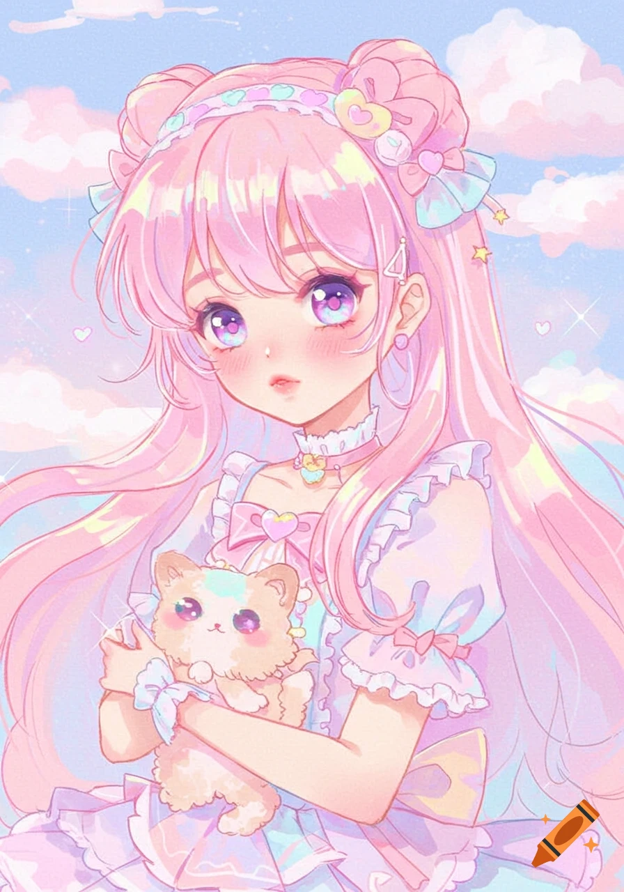 Cute anime girl with pink hair holding a fluffy cat, pastel cloudy background