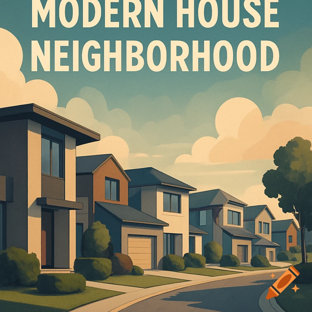 Illustration of a modern house neighborhood with text saying MODERN HOUSE NEIGHBORHOOD