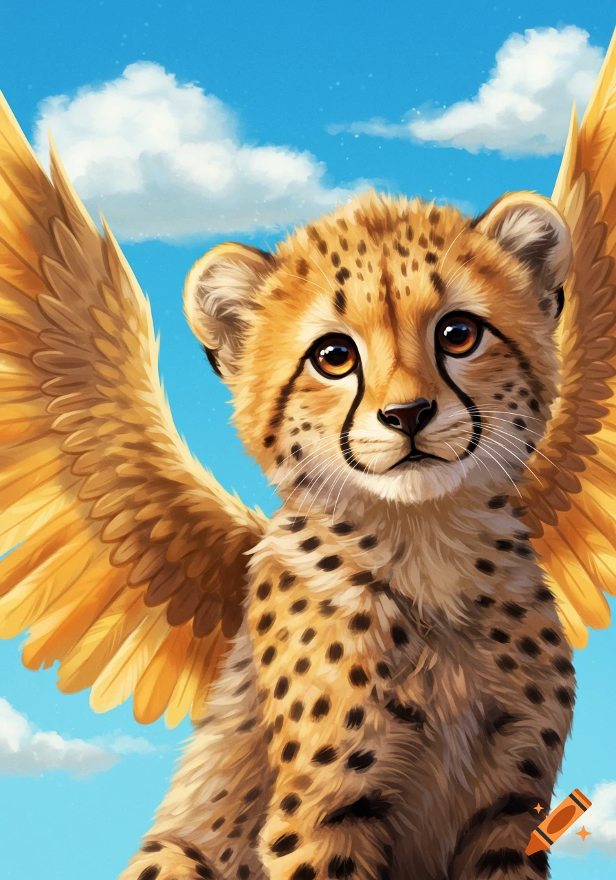 A cute baby cheetah with large golden wings stands against a bright blue sky with clouds.