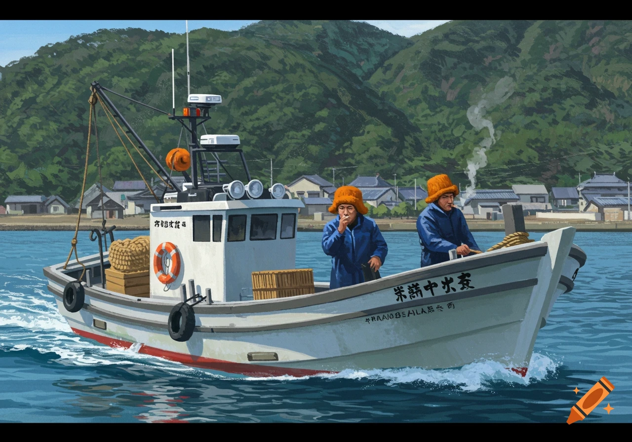 An illustration of a Japanese fishing boat with two fishermen in orange hats smoking, leaving a small town at the foot of mountains.